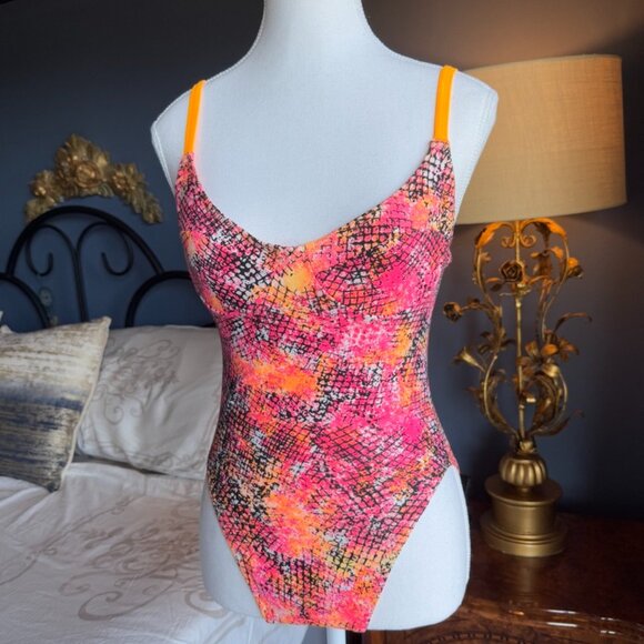 90s Vintage Neon Pink And Orange One Piece Swimsuit and Beach Shorts - Picture 3 of 15